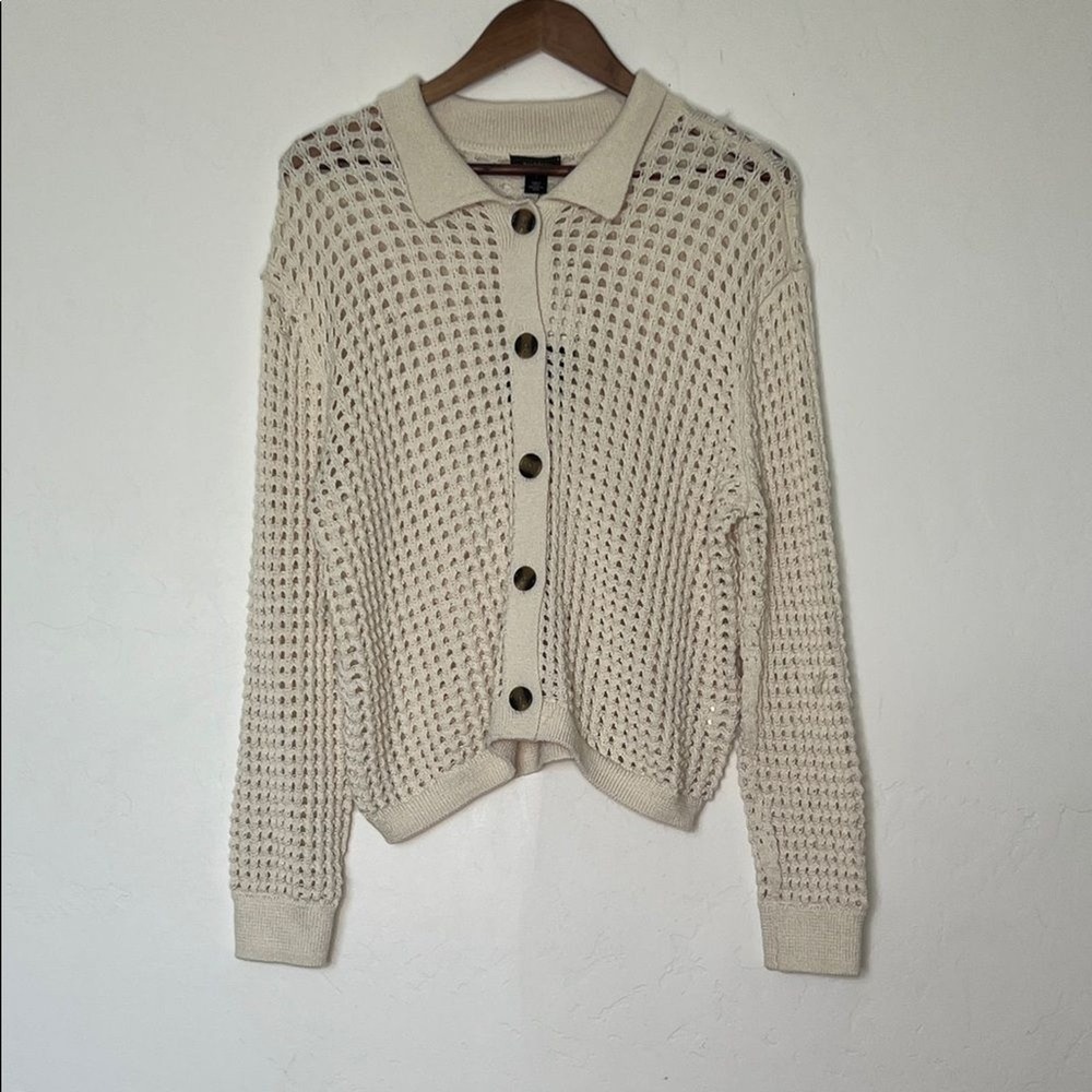 Halogen Open Weave Button Front Cardigan Cream L NWT Lightweight Layering - Picture 2 of 6